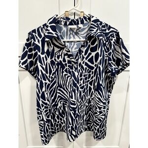 Weekends by Chico's Navy White Abstract Print Collared Short Sleeve Top Size 2 L